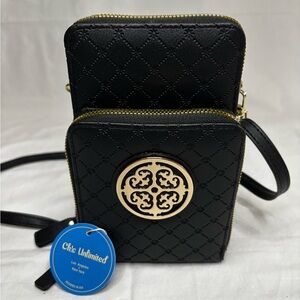 NWT Chic Unlimited Black Quilted Medallion Crossbody Phone Double Zip Gold
